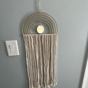Beige Macrame Wall Tapestry with Gold Metal Accent